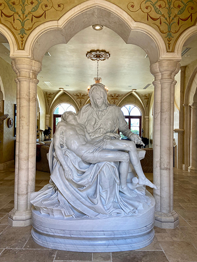 A replica of Michelangelo's La Pietà was part of the private collection of art found in the Case family home in Fort Lauderdale. When James L. Case died, he requested the statue be donated to Our Lady of Guadalupe Church in Doral.
