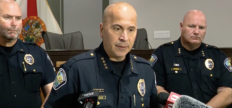 Palm Bay Police Chief Mariano Augello speaks with reporters at a Jan. 29, 2024, afternoon press conference about a shooting spree that took the lives of four people, including retired Diocese of Orlando, Fla., Catholic priest, Father Robert Hoeffner, and his sister Sally Hoeffner. Augello said the department was still trying to determine the motive of suspect Brandon Kapas, 24, who was killed exchanging gunfire with responding officers in Palm Bay, Fla. (OSV News screenshot/Fox 35 Orlando)