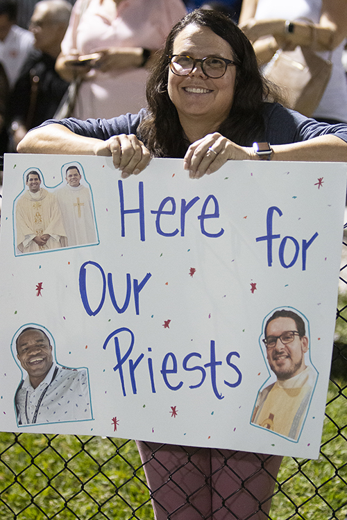 The sign says it all during the second annual Archbishop's Cup soccer game, played Jan. 26, 2024, on the field of St. Thomas University, Miami Gardens.The seminarians beat the priests 3-0.