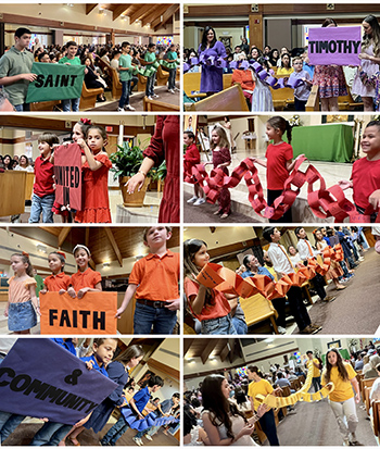 During a parish-wide Mass Jan. 28, 2024, St. Timothy School students dressed in the colors of the Catholic Schools Week 2024 logo to bring to life the various ways the parish and school community are "united in faith and community."