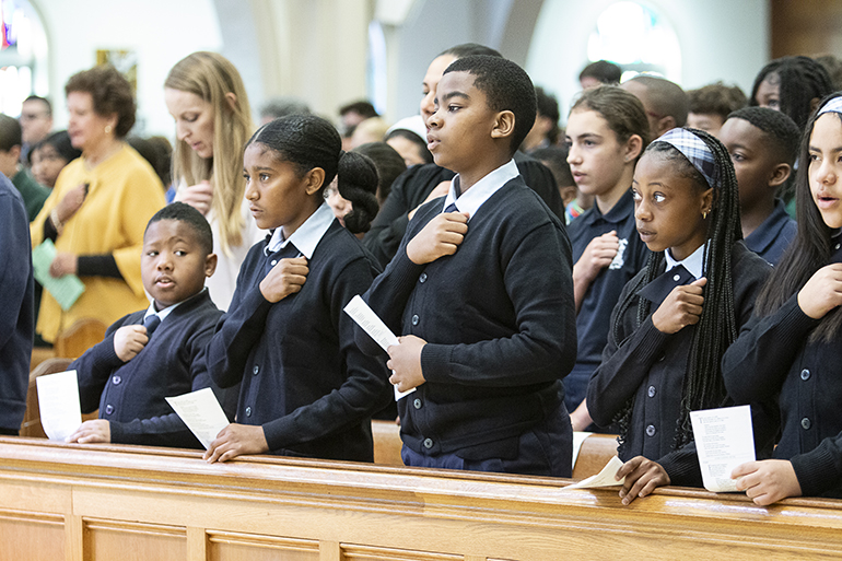 Students from St. Mary Cathedral School recite the Penitential Act during the All Schools Mass at St. Mary Cathedral, Jan. 31, 2024. Representatives of all 64 archdiocesan elementary and high schools gathered at the cathedral for the second annual Mass to mark Catholic Schools Week, Jan. 28-Feb. 3.