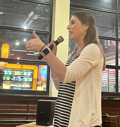 Bridget Hanafin, a Catholic speaker and educator from the Diocese of Nashville, speaks at the Theology on Tap event on March 5, 2024 at BJ’s Restaurant and Brewhouse in Pembroke Pines.