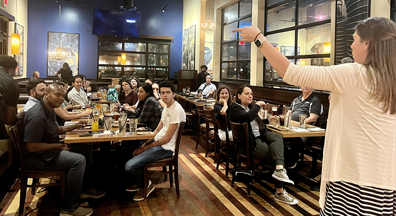 Bridget Hanafin (right), a Catholic speaker and educator from the Diocese of Nashville, speaks at the Theology on Tap event on March 5, 2024 at BJ’s Restaurant and Brewhouse in Pembroke Pines.