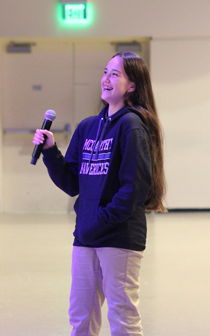Bailey Inman from St. David School in Davie laughs before answering the pop quiz question she volunteered for with guest speaker Bridget Hanafin at the Greater Love Conference, on Mar. 6, 2024. Nearly 2,000 eighth-grade students from archdiocesan schools attended the event in Pembroke Pines, where topics such as Christian Anthropology, Theology of the Body, chastity, and more were discussed.