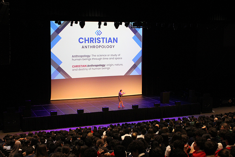 Guest speaker Bridget Hanafin leads the session on Christian Anthropology and more during the Greater Love Conference on Mar. 6, 2024. Nearly 2,000 archdiocesan school eighth graders attended the Charles F. Dodge City Center in Pembroke Pines. The event was organized by the Office of Evangelization and Parish Life.