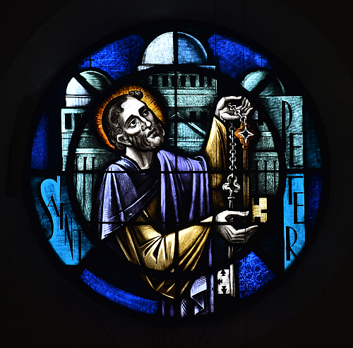 Peter holds the Keys to the Kingdom of Heaven in this window at St. Joseph Church, Miami Beach. Jesus gave him the keys and added, "Upon this rock I will build my church."