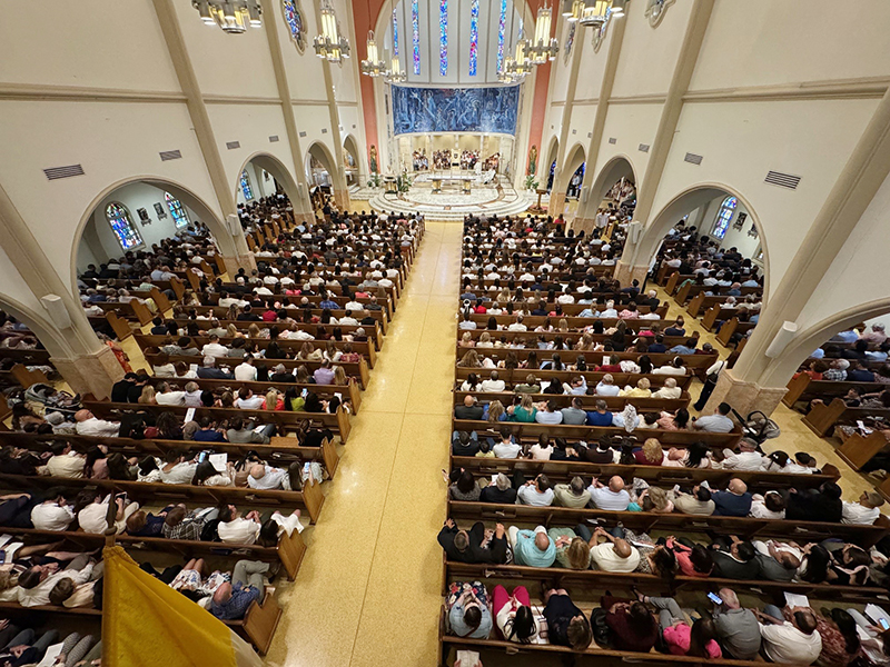 View from the choir loft of St. Mary Cathedral during the Rite of Reception ceremony April 14, 2024, welcoming new Catholics into full communion with the Church.