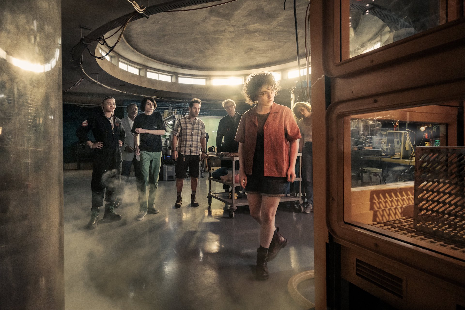 Celeste O’Connor, Ernie Hudson, Finn Wolfhard, Paul Rudd, James Acaster, Mckenna Grace, and Carrie Coon, star in a scene from the movie “Ghostbusters: Frozen Empire.” The OSV News classification is A-III -- adults. The Motion Picture Association of America rating is PG-13 -- parents strongly cautioned. Some material may be inappropriate for children under 13. (OSV News photo/Jaap Buitendijk, Columbia)