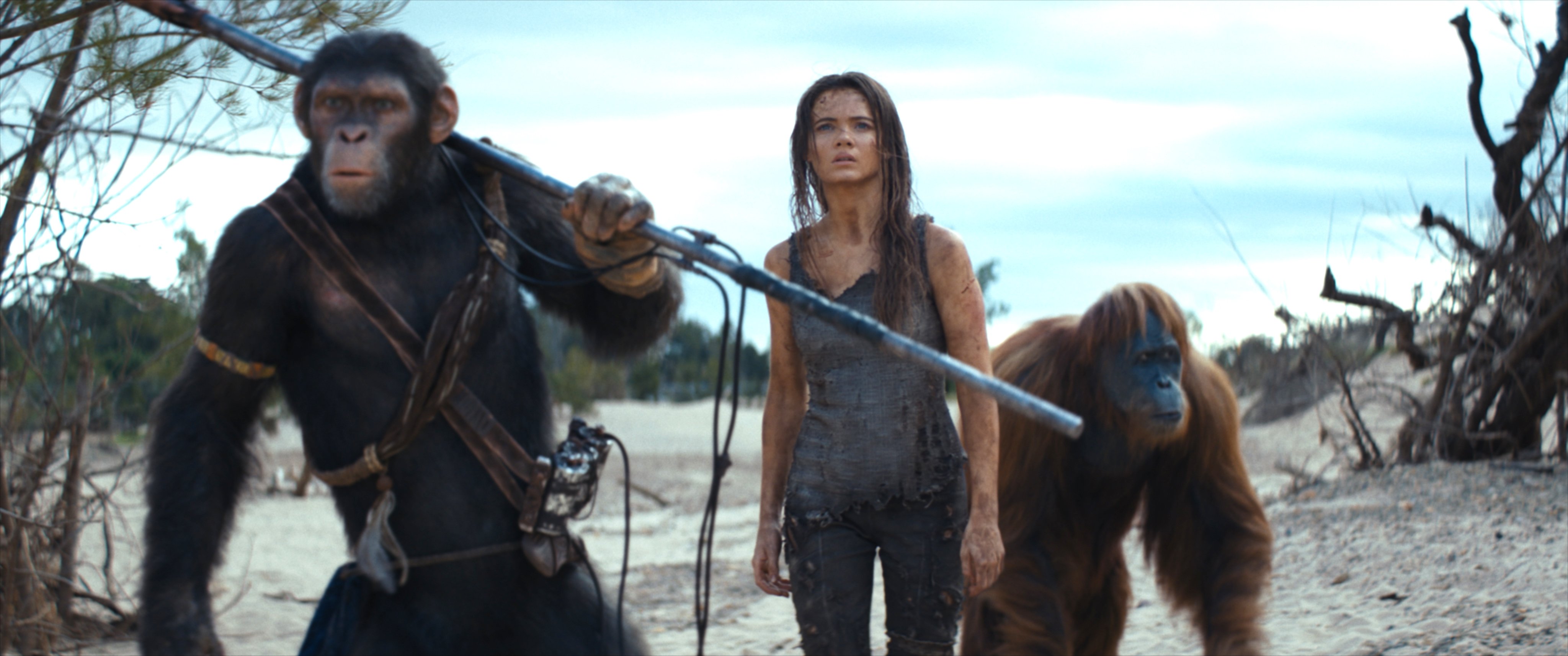 Noa, played by Owen Teague, Freya Allan as Nova, and Raka, played by Peter Macon, appear in a scene from the movie "Kingdom of the Planet of the Apes." The OSV News classification is A-III -- adults. The Motion Picture Association rating is PG-13 -- parents strongly cautioned. Some material may not be suitable for children. (OSV News photo/20th Century Studios)