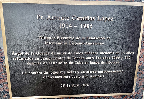 A commemorative plaque accompanying the bust of Father Antonio Camiñas, which was placed at the National Shrine of Our Lady of Charity in Miami April 25, 2024.
