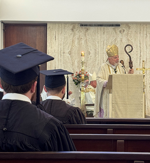 Archbishop Thomas Wenski delivers the homily during the Baccalaureate Mass on Wednesday, May 8, 2024 in St. Raphael Chapel at St. John Vianney College Seminary. Twelve graduates received Bachelor of Philosophy or Bachelor of Arts in Philosophy diplomas at the Commencement Ceremony following the Baccalaureate Mass.