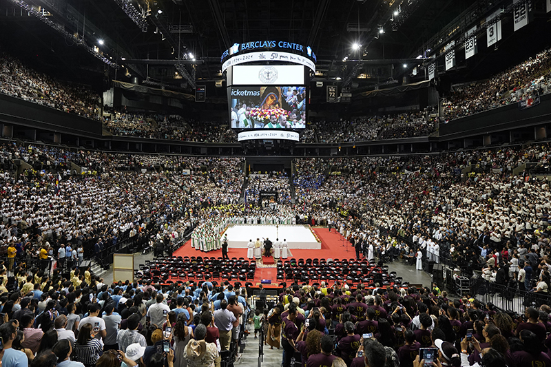 Pilgrims from across the United States and its territories gather for a Mass at the Barclays Center in Brooklyn, N.Y., July 7, 2024, marking the 50th anniversary of the arrival of the Neocatechumenal Way in the United States. (Photo by Gregory A. Shemitz, The Tablet)
