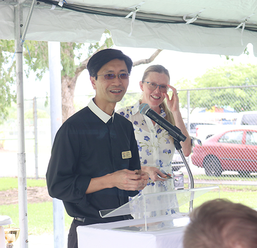 Brother Peter Nguyen and Brenda Blanton, principal and teacher at Little School, thank parents of children who will attend the new De La Salle Catholic school in Homestead, following the school’s blessing by Archbishop Wenski, August 18, 2024.