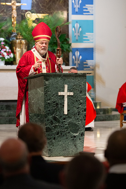 Archbishop Thomas Wenski preaches his homily at the 33rd annual Red Mass for Broward County legal professionals, hosted by the St. Thomas More Society of South Florida, Oct 2, 2024, at St. Anthony Church in Fort Lauderdale.