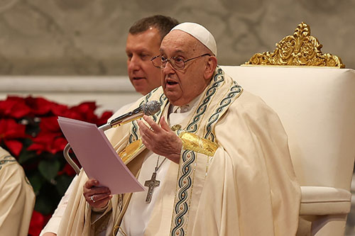 Pope Francis gives his homily during Mass in St. Peter's Basilica at the Vatican Jan. 1, 2025, the feast of Mary, Mother of God, and World Peace Day.