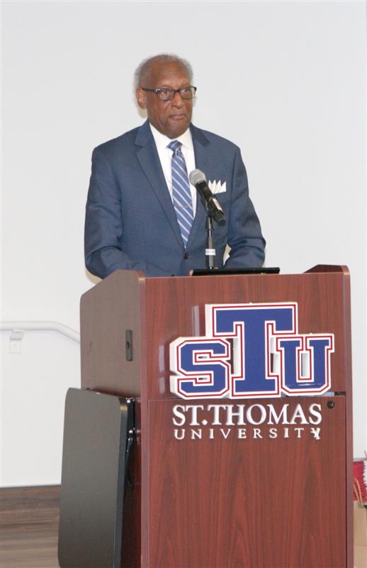 Associate superintendent of the archdiocesan Office of Catholic Schools Donald Edwards speaks at the reception held Jan. 10, 2025 for 11 incoming students and 14 preparing to graduate from a master's degree program in Catholic educational leadership at St. Thomas University in Miami Gardens.