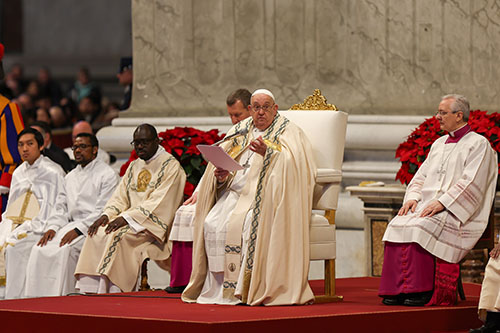 Pope Francis gives his homily during Mass in St. Peter's Basilica at the Vatican Jan. 1, 2025, the feast of Mary, Mother of God, and World Peace Day.