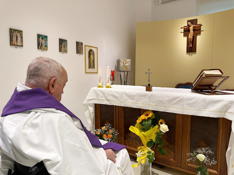 Pope Francis is seen in the chapel of his suite of rooms at Rome's Gemelli hospital March 16, 2025. The Vatican press office said the 88-year-old pope concelebrated Mass that morning.