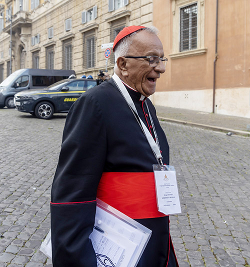 Cardinal Jorge Jiménez Carvajal, the 83-year-old retired archbishop of Cartagena, Colombia, arrives to attend a general congregation meeting of the College of Cardinals in the New Synod Hall at the Vatican April 28, 2025.