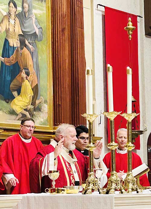 Archbishop Thomas Wenski celebrates the 50th Annual Red Mass of the Holy Spirit at the Co-Cathedral of St. Thomas More in Tallahassee, Fla., on March 19, 2025. Concelebrants with him, from left, were Bishop Gregory L. Parkes of St. Petersburg, Father Agustin Estrada, priest secretary to Archbishop Wenski, and Bishop William A. Wack of Pensacola-Tallahassee.