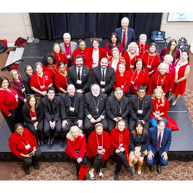 The Miami delegation of 34 poses before a morning breakfast and meetings with legislators on March 19, 2025 in Tallahassee during Catholic Days at the Capitol.