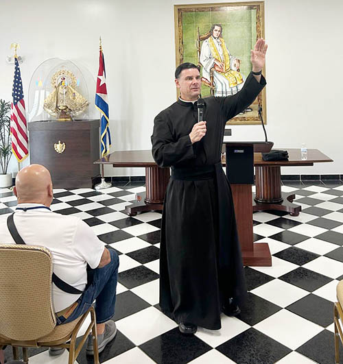 Father Rafael Capó, vice president of mission at St. Thomas University in Miami Gardens, encourages Hispanic leaders to be “Pilgrims of Hope” in the Jubilee Year 2025 at the Día del Envío de los Movimientos Apostólicos Hispanos, or Day of Sendoff of Hispanic Apostolic Movements. It took place on March 15, 2025 at the National Shrine of Our Lady of Charity in Miami.