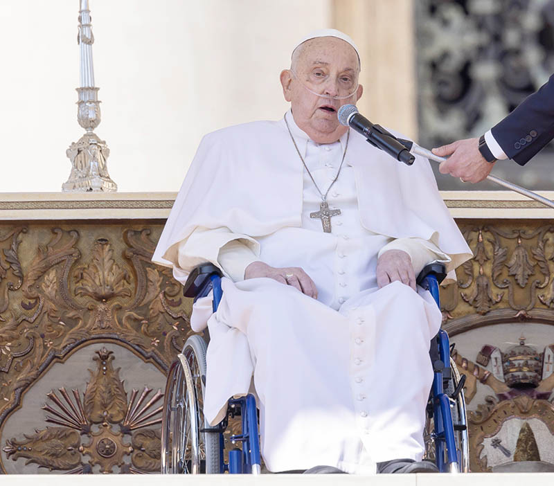 Pope Francis greets the faithful in St. Peter's Square at the end of the closing Mass for the Jubilee of the Sick and Health Care Workers at the Vatican April 6, 2025.