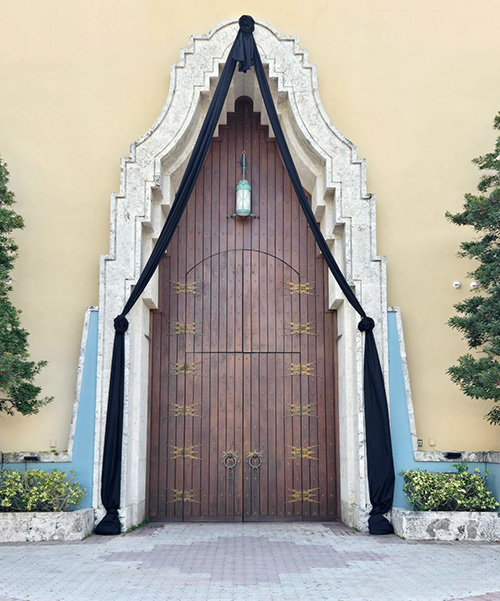 St. Mary's Cathedral in Miami displays black bunting on the doors as a symbol of mourning for the death of Pope Francis.