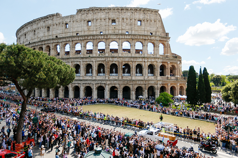 Pope Francis' casket is driven past the Colosseum on its way toward his burial place in the Basilica of St. Mary Major in Rome April 26, 2025.