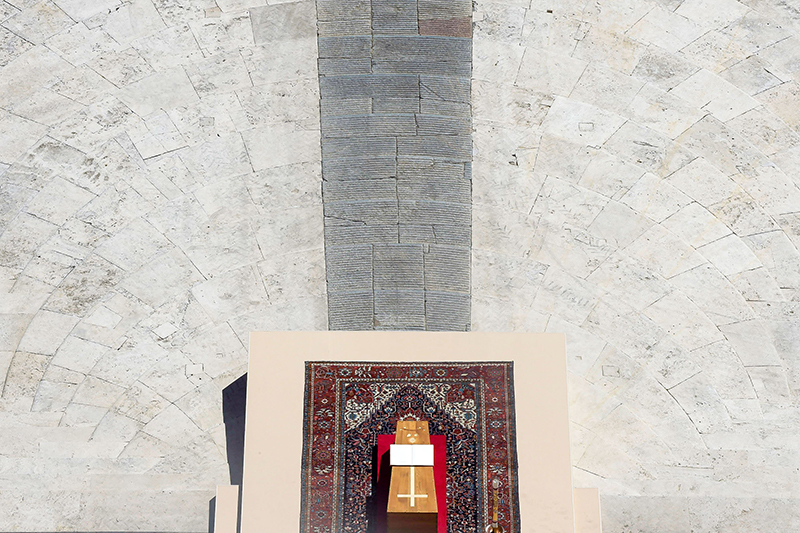 The casket of Pope Francis is seen from above during his funeral Mass in St. Peter’s Square at the Vatican April 26, 2025.