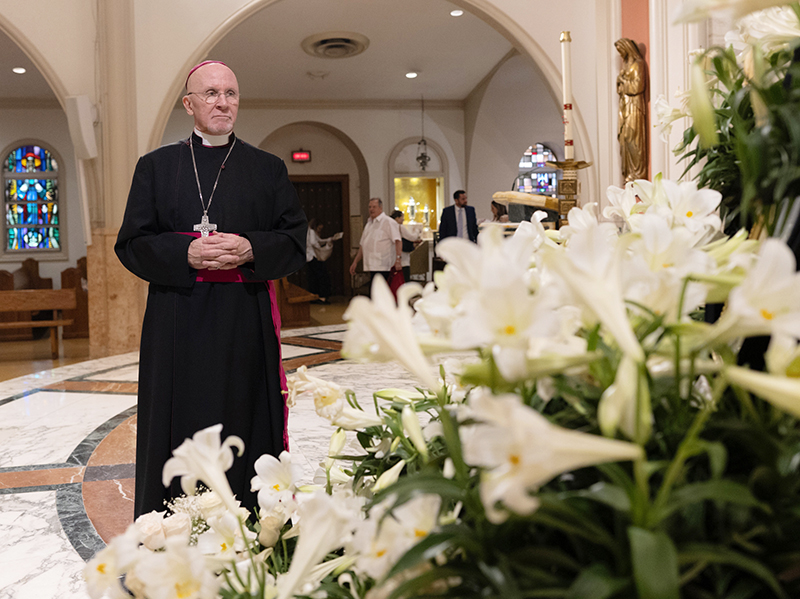 Bishop Peter David Eaton of the Episcopal Diocese of Southeast Florida attended the Mass for the repose of Pope Francis' soul at St. Mary's Cathedral on April 26, 2025, the same day as his funeral in Rome. He wore a pectoral cross similar to the one associated with Pope Francis.