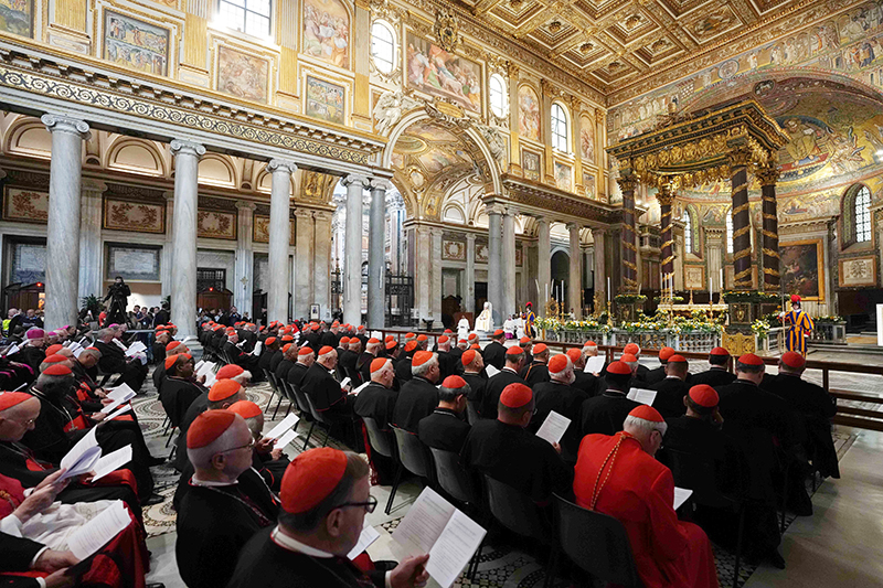 Cardinal Rolandas Makrickas, coadjutor archpriest of the Basilica of St. Mary Major in Rome, presides over vespers with members of the College of Cardinals at the basilica April 27, 2025.