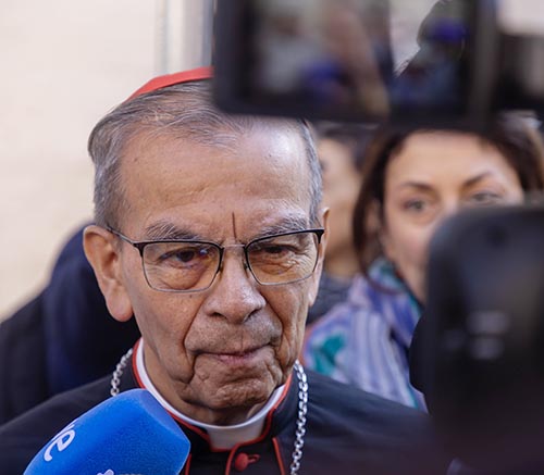 Cardinal Gregorio Rosa Chávez of San Salvador, El Salvador, arrives to attend a general congregation meeting of the College of Cardinals in the New Synod Hall at the Vatican April 29, 2025.
