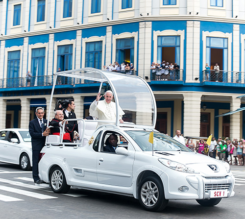 Pope Francis takes a final ride in his pope mobile in Havana following his closing Mass at the Plaza de la Revolution in Havana at the end of his September 2015 pilgrimage to Cuba. Archbishop Thomas Wenski led nearly 200 people from the Archdiocese of Miami on the pilgrimage.