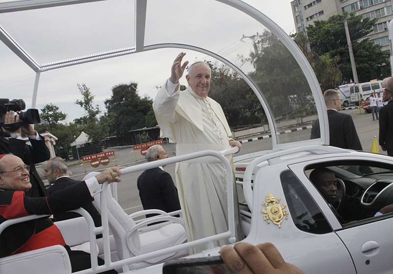 Pope Francis tours the Plaza of the Revolution in his pope mobile before celebrating Mass on Sept. 20, 2015 on his pilgrimage to Cuba. Nearly 200 pilgrims from the Archdiocese of Miami, led by Archbishop Thomas Wenski, took part in the Mass.
