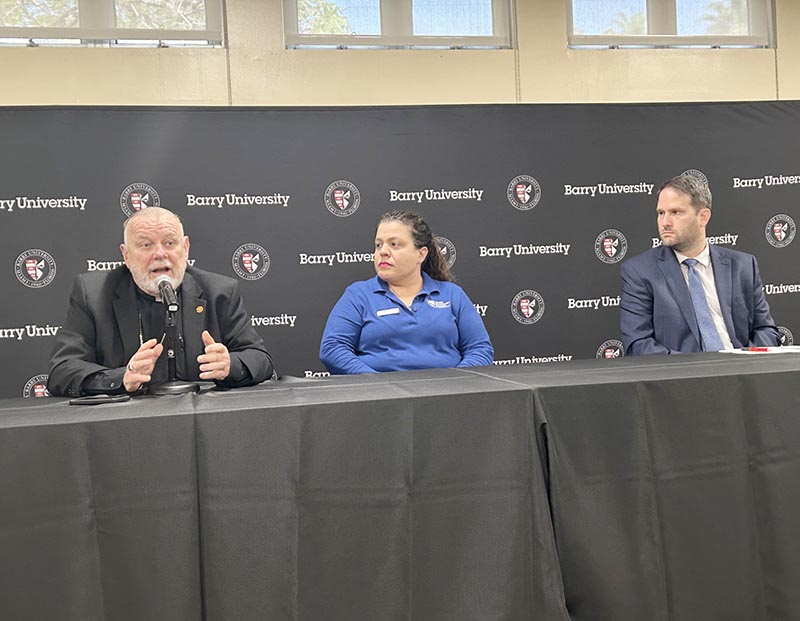 Archbishop Thomas Wenski, left, speaks in a panel moderated by NBC 6 reporter Steve Litz at the Barry University Institute for Immigration Studies 2nd Annual Conference on April 9-10, 2025 in Miami Shores. Natalie Herradon, director of case management services of Jewish Community Services of South Florida, center, and attorney Joseph Kano of Catholic Legal Services also participated in the panel discussion.