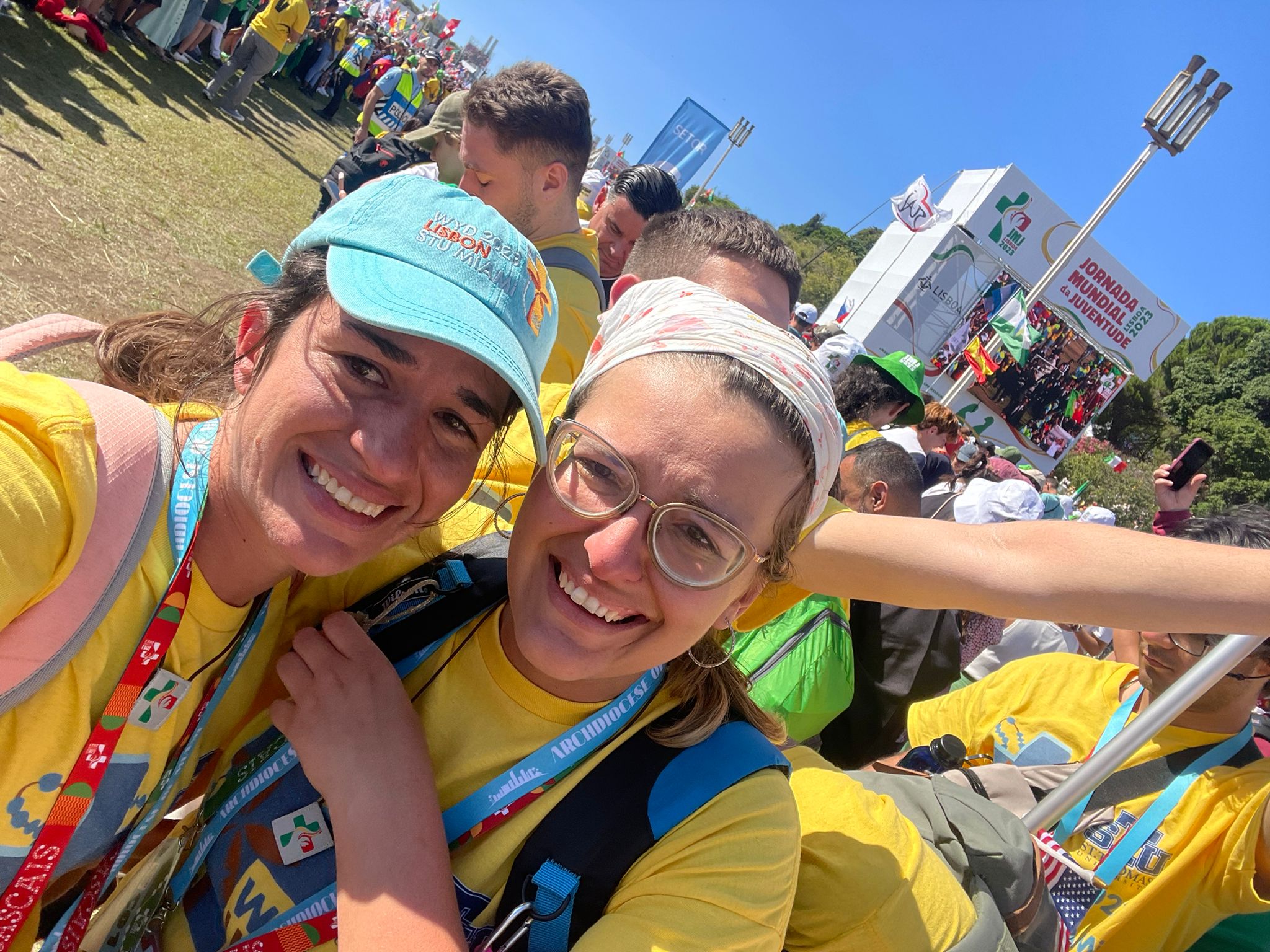 Ana (left) and Claudia Danger, sisters who attended World Youth Day in Lisbon, Portugal, are pictured “moved to tears” by Pope Francis Aug. 2023.