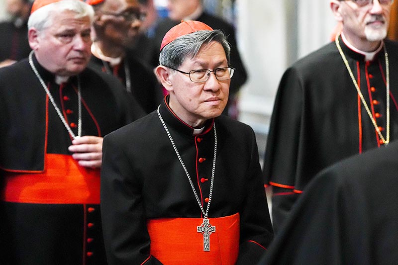 Cardinal Luis Antonio Tagle, pro-prefect of the Dicastery for Evangelization under Pope Francis, arrives for the evening prayer with members of the College of Cardinals at the Basilica of St. Mary Major in Rome, April 27, 2025.