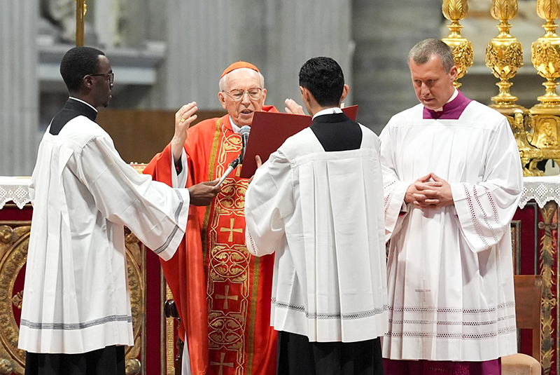 Cardinal Giovanni Battista Re, dean of the College of Cardinals, presides over the Mass "Pro Eligendo Romano Pontifice" ("for the election of the Roman pontiff") at the Vatican May 7, 2025.