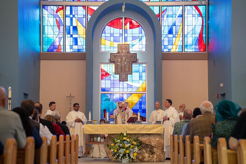 Archbishop Thomas Wenski celebrates the rededication Mass of the Chapel of St. Anthony at St. Thomas University in Miami Gardens on April 29, 2025. The archbishop consecrated the new altar and blessed the new Chapel of St. Anthony cross and tabernacle.