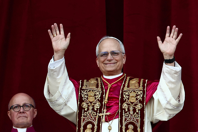 Cardinal Robert Francis Prevost, who has chosen the papal name Leo XIV, appears on the central balcony of St. Peter's Basilica at the Vatican May 8, 2025, following his election during the conclave. He is the first American pope in history.