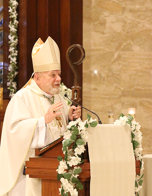 Archbishop Thomas Wenski preaches his homily during Mass for the election of the new Supreme Pontiff, May 8, 2025, at St. Martha Church in Miami Shores. After the Mass, he announced that Pope Leo XIV had been elected as the new Pope.