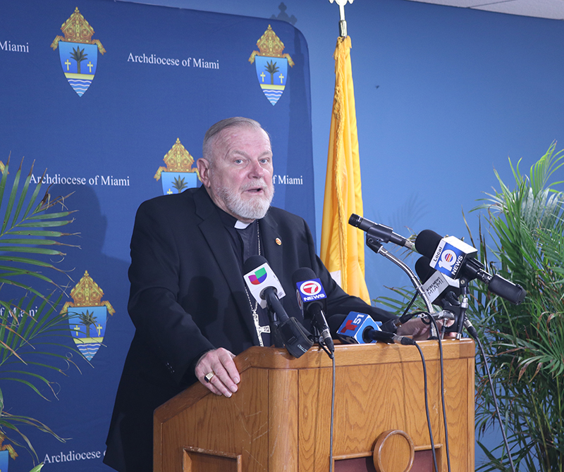 Archbishop Thomas Wenski speaks about the election of the new Pope Leo XIV during a press conference at the Pastoral Center on May 8, 2025.