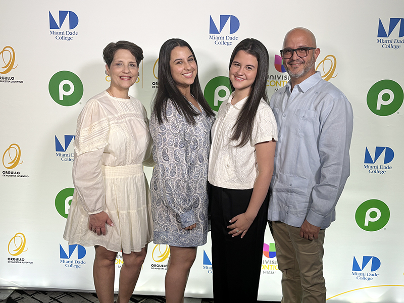 Sarah Cecilio, a senior at St. Brendan's High School in Miami, was recognized as part of Univision 23's "Orgullo de Nuestra Juventud" program during the 28th Annual Awards Ceremony at the Fire Tower in Miami May 22, 2025. Her family posed for a picture with her after the event. From left, Maria Teresa Cecilio (her mother), Sophia Cecilio (her sister), Sarah Cecilio (winner) and Juan Jesús Cecilio (her father).