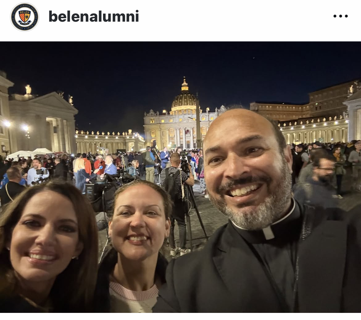 The Belen Jesuit Preparatory School Instagram account posted a photo of Jesuit Father Christian Sáenz, a Church history professor at the Pontifical Gregorian University in Rome, taken during the Conclave when the election of a new pope was announced. Father Saenz is an alumnus of Belen Jesuit Preparatory School in Miami.