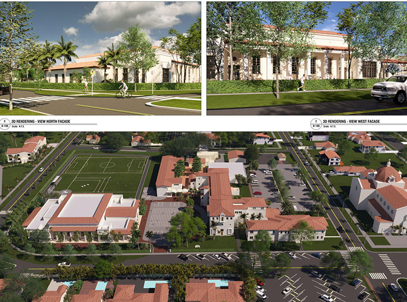 Aerial view of St. Theresa School campus in Coral Gables including the new Multi-Purpose Building, seen on the left.