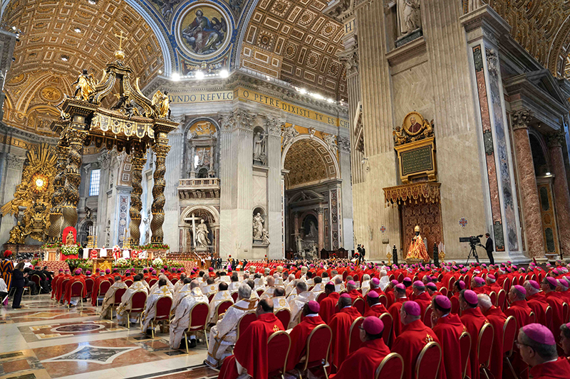 Pope Leo XIV gives his homily during Mass for the feast of Sts. Peter and Paul in St. Peter’s Basilica at the Vatican June 29, 2025. The pope wore red vestments to recall the martyrdom of the two saints.