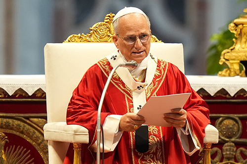 Pope Leo XIV gives his homily during Mass for the feast of Sts. Peter and Paul in St. Peter’s Basilica at the Vatican June 29, 2025. The pope wore red vestments to recall the martyrdom of the two saints.