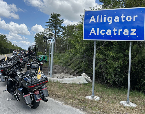 The entrance to Alligator Alcatraz, an immigration detention center in the Florida Everglades, where Archbishop Thomas G. Wenski and the Knights on Bikes of the Knights of Columbus prayed the rosary for detainees on July 20, 2025.