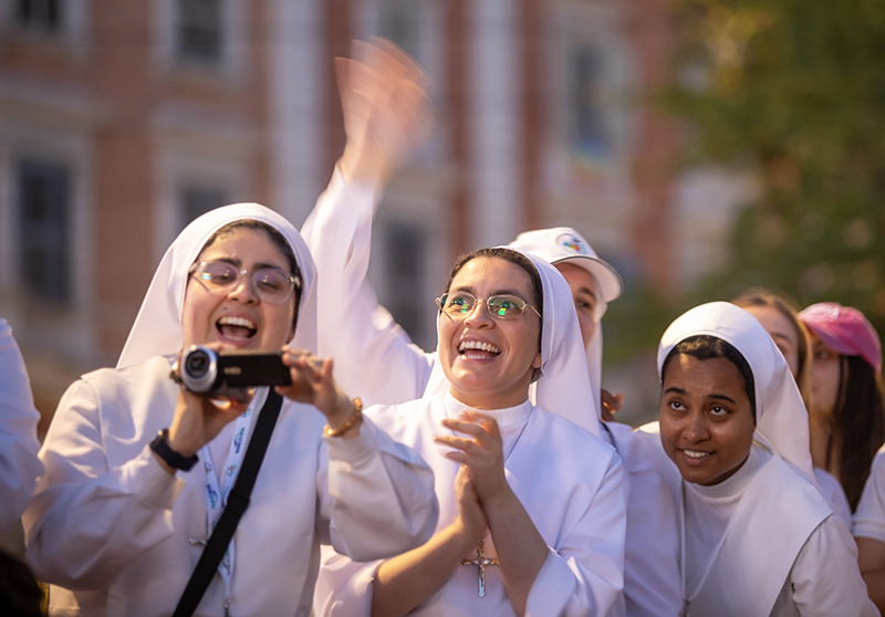 Religious sisters attend a concert in Risorgimento Square in Rome July 29, 2025, during the Jubilee of Digital Missionaries and Catholic Influencers. The evening celebration featured music and dancing following the day’s events at the Vatican.